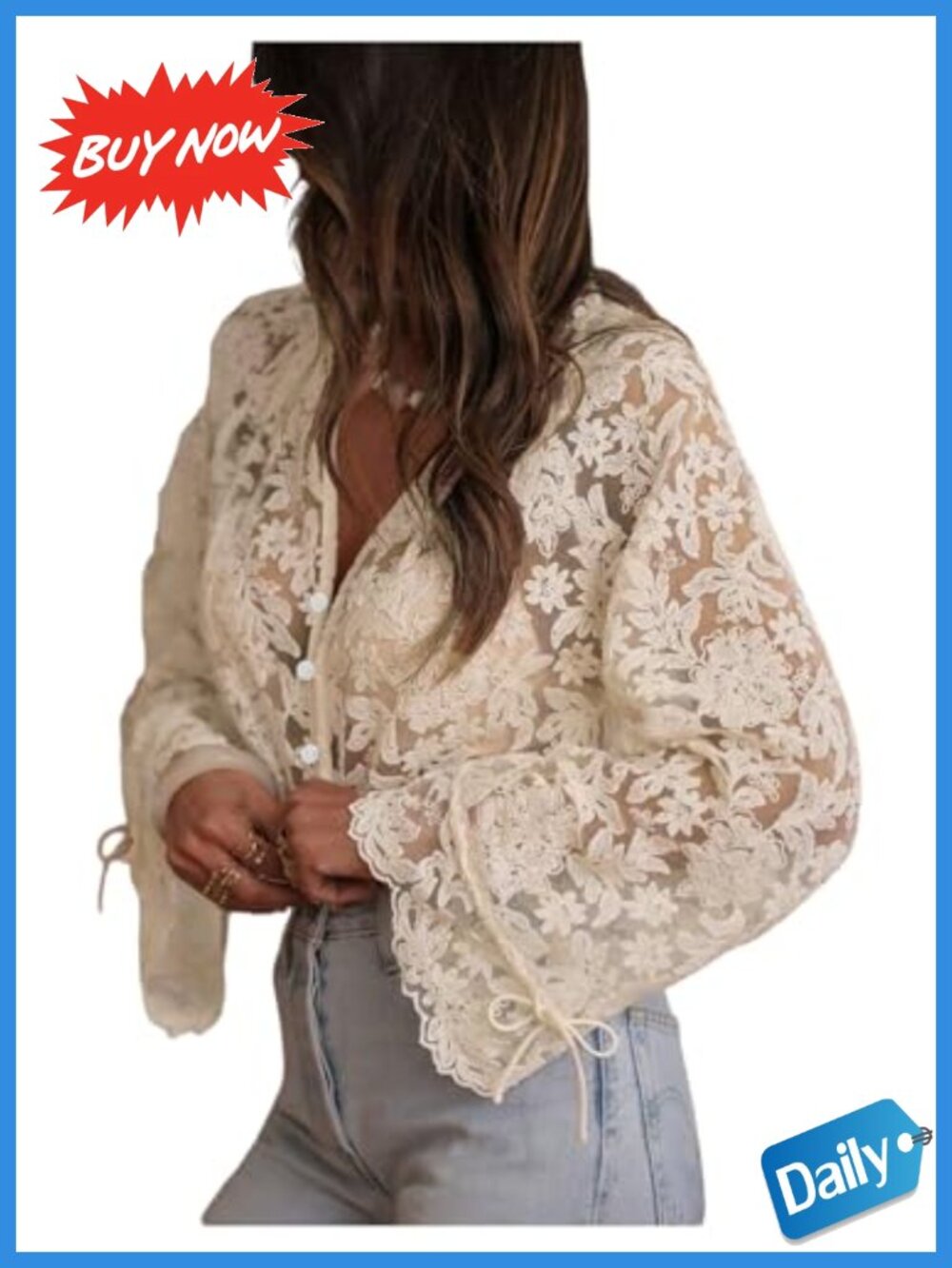 Lace Embroidered Peasant Top Long Sleeve Boho Blouse